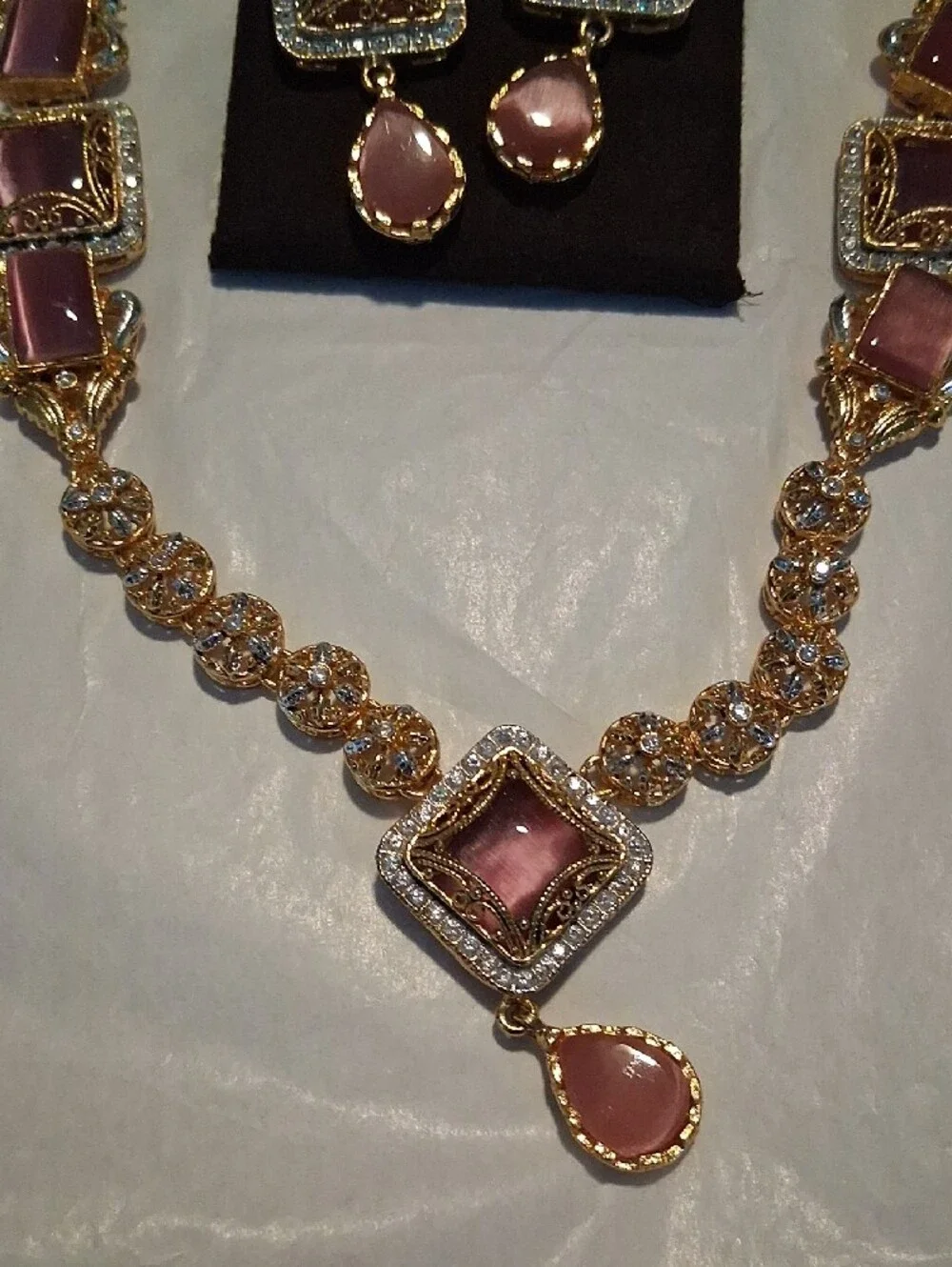 Gold-Tone Pink Stone Necklace & Earring Set